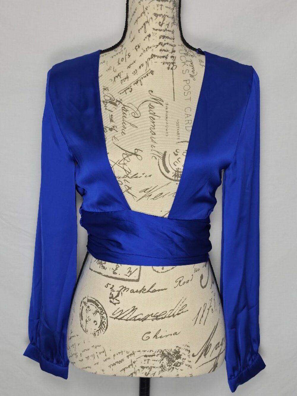 Zara Cobalt Blue Satin Wrap Tie Waist Crop Blouse Long Sleeve S